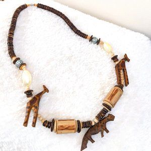 Vintage Hand Carved Cheetah and Giraffes Beaded Wood Necklace